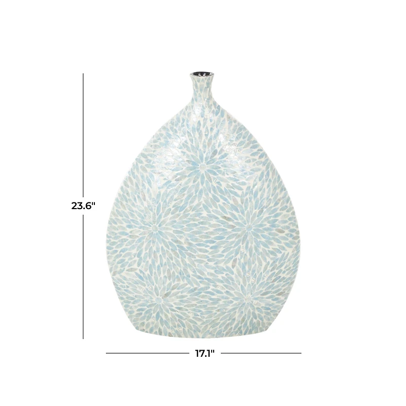 24" Light Blue Mother of Pearl Shell Floral Handmade Large Mosaic Vase with Cream Underlay