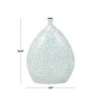 24" Light Blue Mother of Pearl Shell Floral Handmade Large Mosaic Vase with Cream Underlay