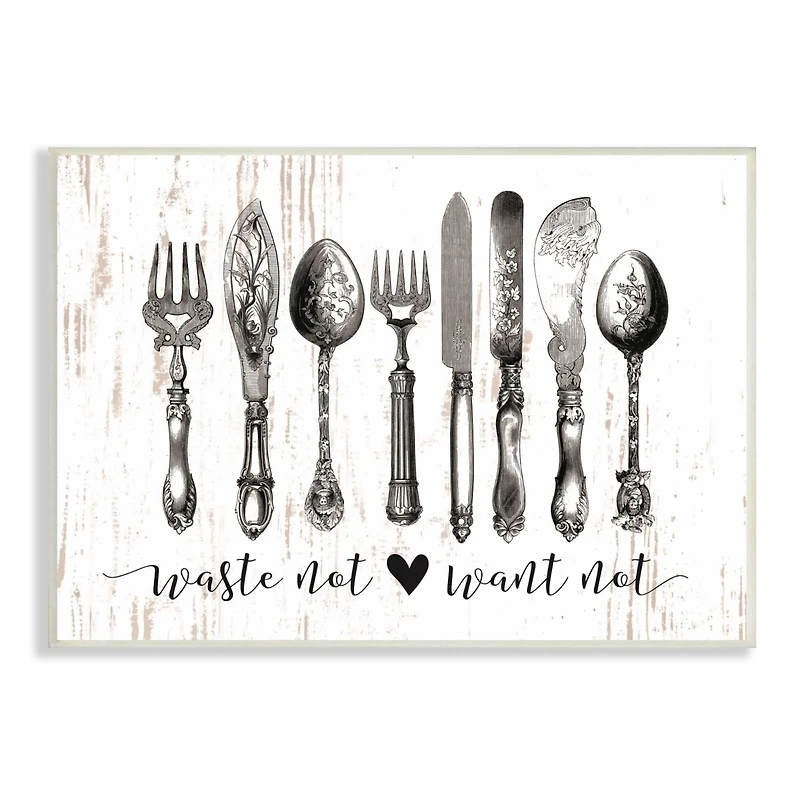 Stupell Industries Waste Not Want Not Silverware Drawing Wood Wall Plaque