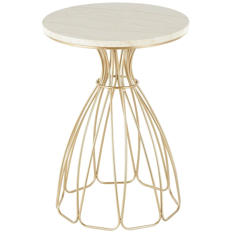 21.5" Gold Metal Flower Inspired Accent Table with Cream Marble Tabletop