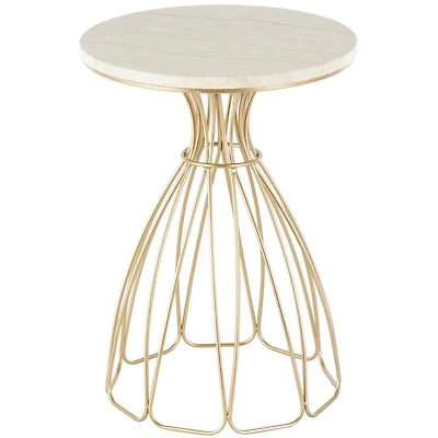 21.5" Gold Metal Flower Inspired Accent Table with Cream Marble Tabletop