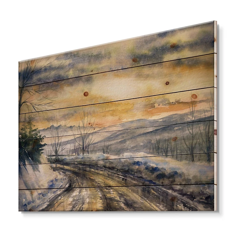Designart - Winter Landscape With Road Under Bright Sunset
