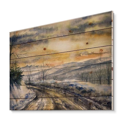 Designart - Winter Landscape With Road Under Bright Sunset