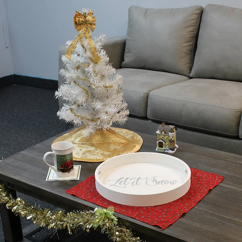 Elegant Designs™ 13.8" Round White Wash Let It Snow Serving Tray with Handles