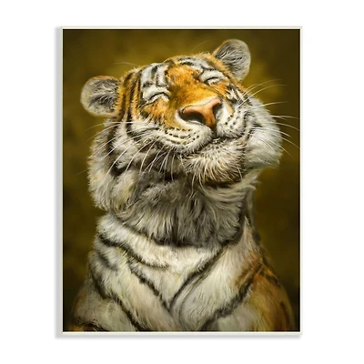 Stupell Industries Happy Tiger Funny Large Cat Animal Painting Wood Wall Plaque