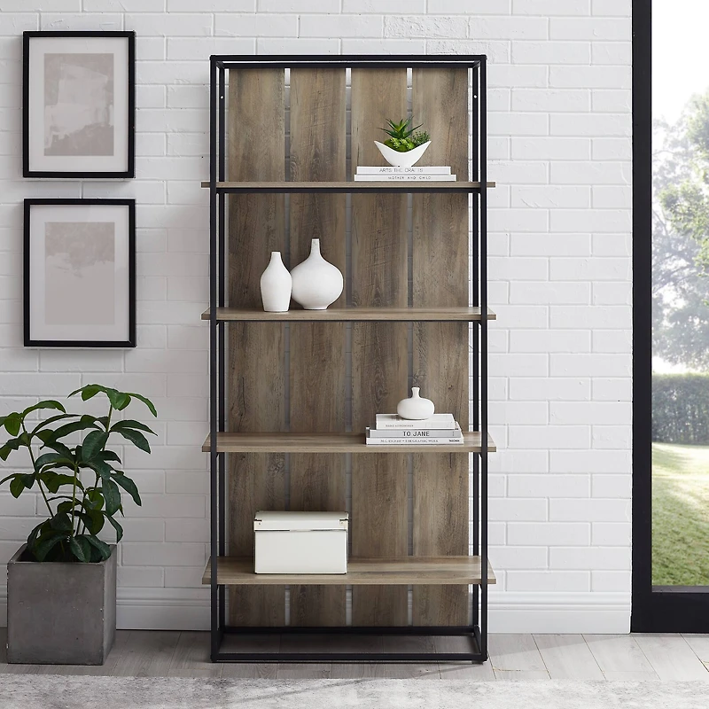 Walker Edison 64" Graywash & Black Metal Farmhouse Plank Back Bookshelf
