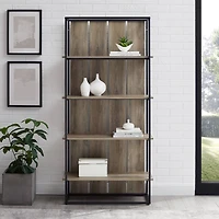 Walker Edison 64" Graywash & Black Metal Farmhouse Plank Back Bookshelf