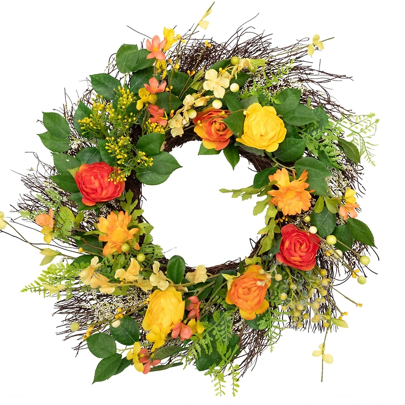 20" Orange & Yellow Ranunculus & Rose Spring Wreath