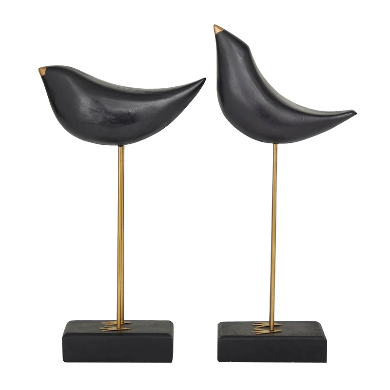 Black Wood Traditional Bird Sculpture, Set of 2" 13", 11"