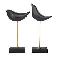 Black Wood Traditional Bird Sculpture, Set of 2" 13", 11"