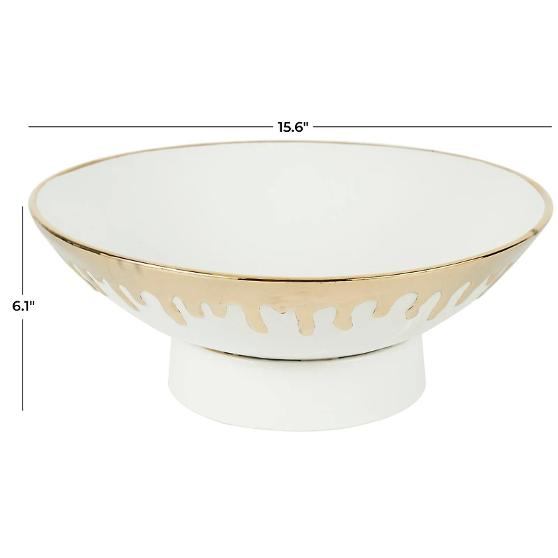 CosmoLiving by Cosmopolitan 15.5" Abstract White with Gold Melting Drips Ceramic Decorative Bowl