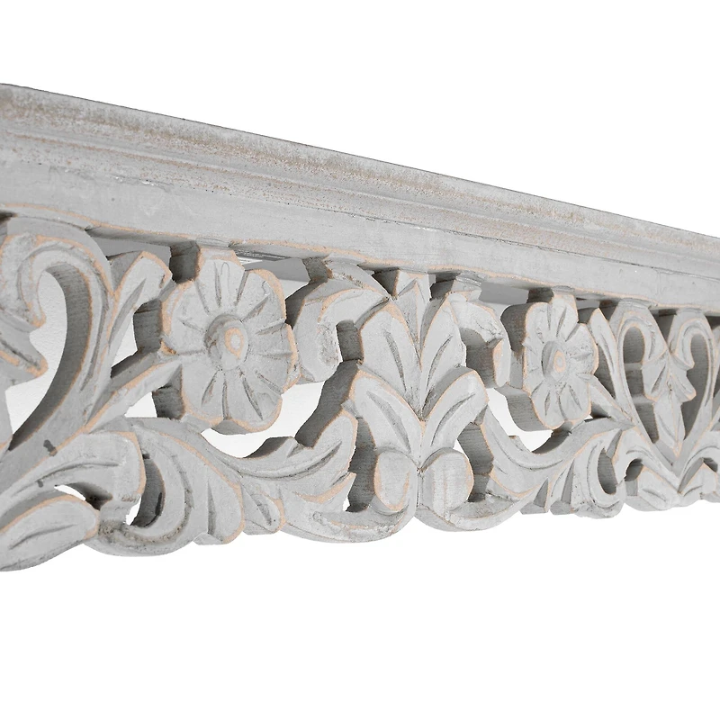 30" Gray Hand-Carved Medallion Floating Wall Shelf