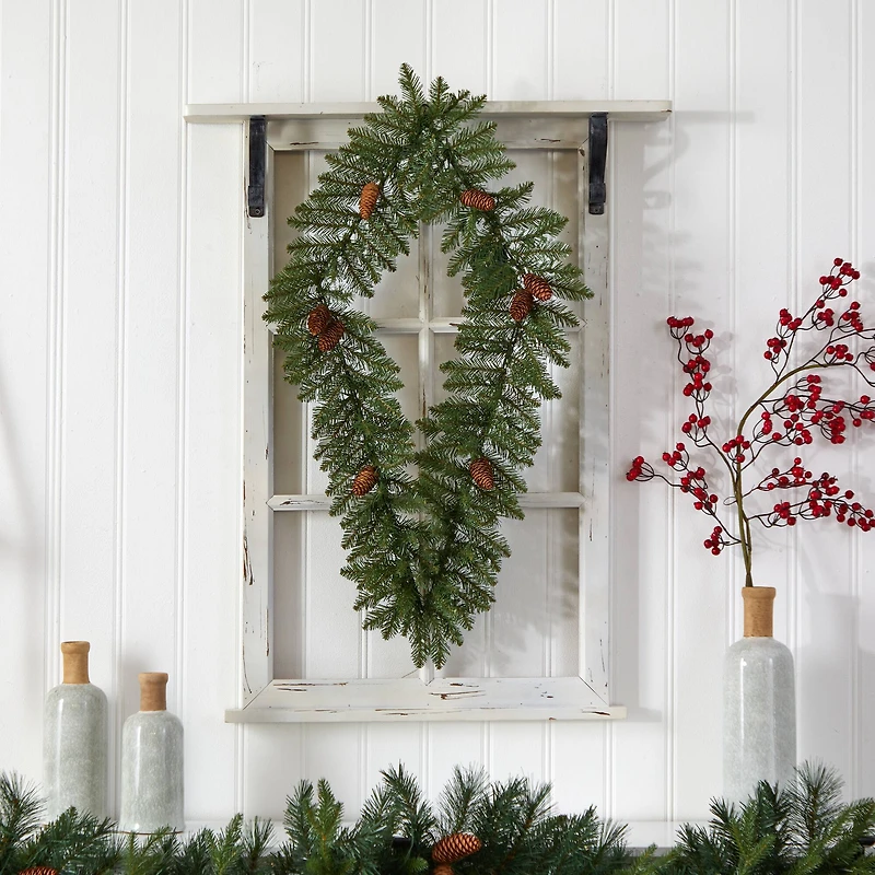 3ft. White LED Lights Holiday Geometric Christmas Diamond Wreath With Pinecones