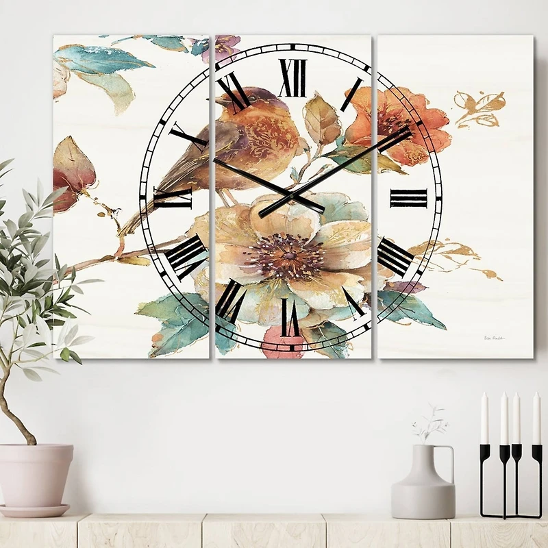 Designart Farmhouse Bird On Flower Branch Multipanel Wall Clock