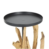 39" Brown Teak Wood Handmade Tall Tree Branch Floor Candle Holder with Black Metal Accents