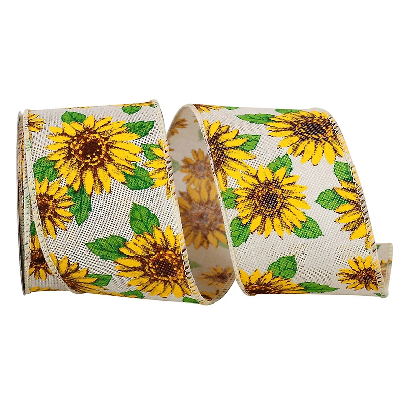 Reliant 2.5" x 10yd. Linen Wired Sunflowers All Around Ribbon