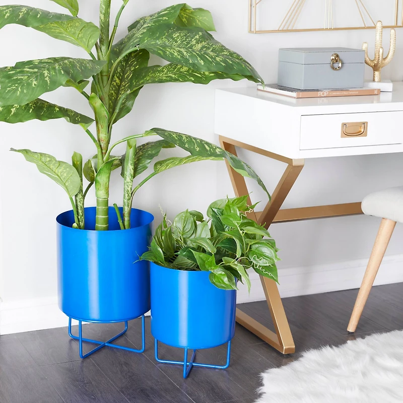 Blue Metal Modern Planter, Set of 2" 16", 13"
