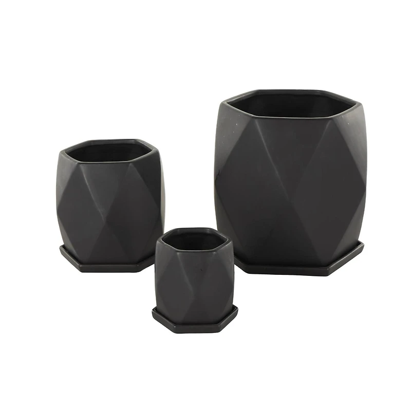 Black Faceted Ceramic Planter Set