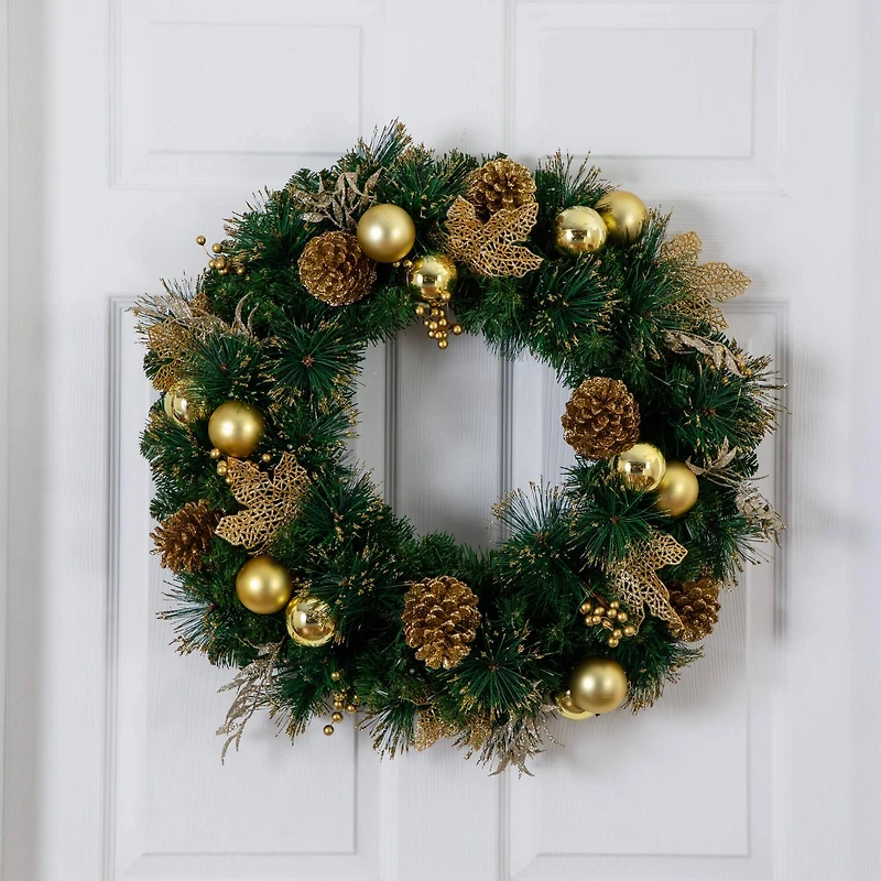24in. Pre-Lit Artificial Golden Frosted Christmas Wreath with 50 Warm White LED Lights Pinecones, Berries and Ornaments