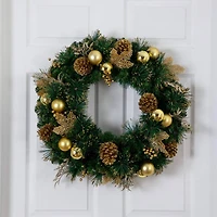 24in. Pre-Lit Artificial Golden Frosted Christmas Wreath with 50 Warm White LED Lights Pinecones, Berries and Ornaments