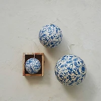 Hello Honey® 12 Pack 4" Blue & Cream Round Printed Paper Mache Ball Ornaments with Flowers & Peacock Feather Design