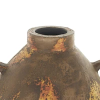 15.25" Brown Ceramic Antique Style Distressed Vase with Grooves & Handles