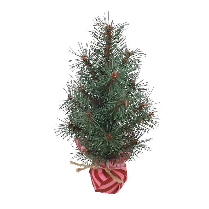 12" Green Pine Accent Tree in Red & Pink Striped Fabric Base by Ashland®