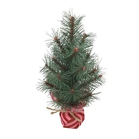 12" Green Pine Accent Tree in Red & Pink Striped Fabric Base by Ashland®