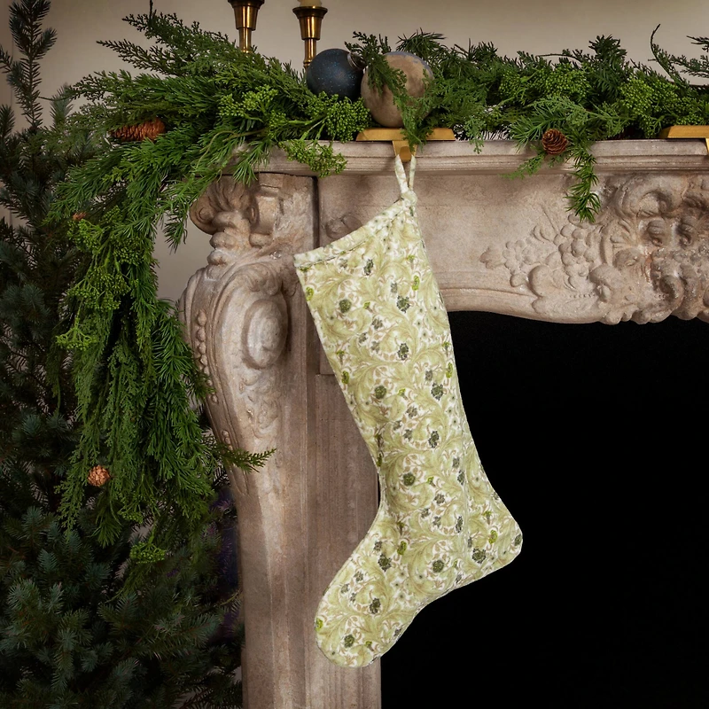 Hello Honey® 20" Green & Cream Cotton Velvet Printed Stocking with Floral Pattern