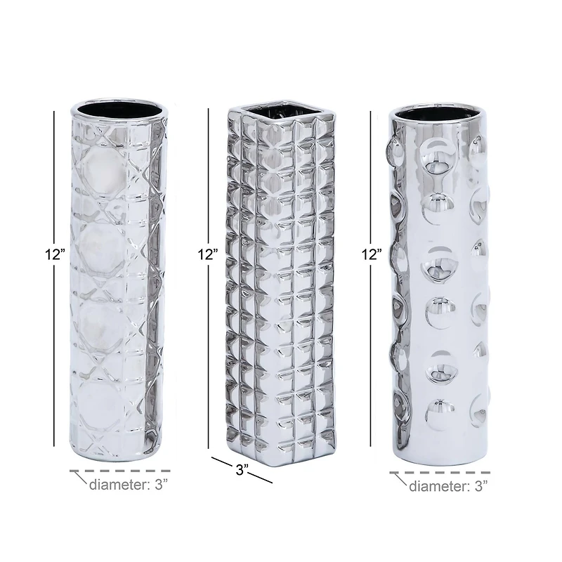 12" Silver Ceramic Glam Vase Set