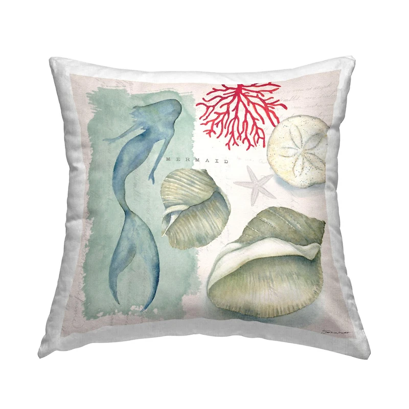 Stupell Industries Swimming Mermaid Marine Life Seashells Coral Throw Pillow, 18" x 18"