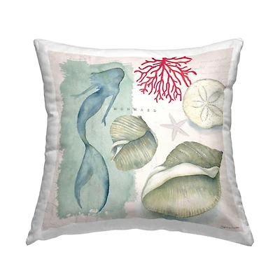 Stupell Industries Swimming Mermaid Marine Life Seashells Coral Throw Pillow, 18" x 18"