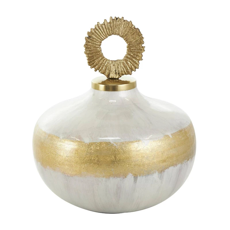 White Metal Abstract Brushed Decorative Jar Set with Gold Detailing & Ring Handles