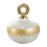 White Metal Abstract Brushed Decorative Jar Set with Gold Detailing & Ring Handles