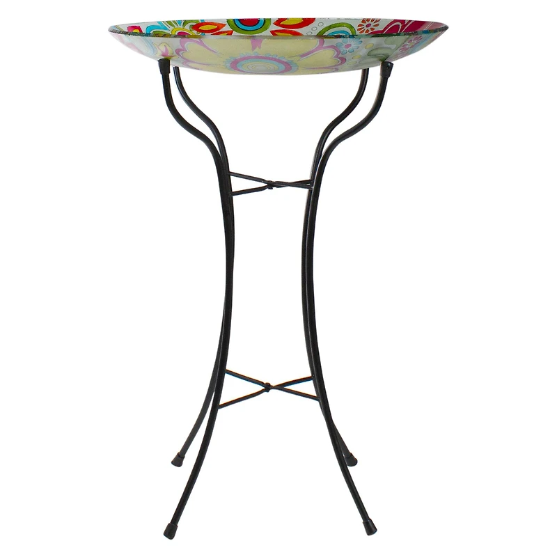 25" Pastel Pink & Blue Flowers Glass Patio Bird Bath