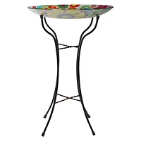 25" Pastel Pink & Blue Flowers Glass Patio Bird Bath