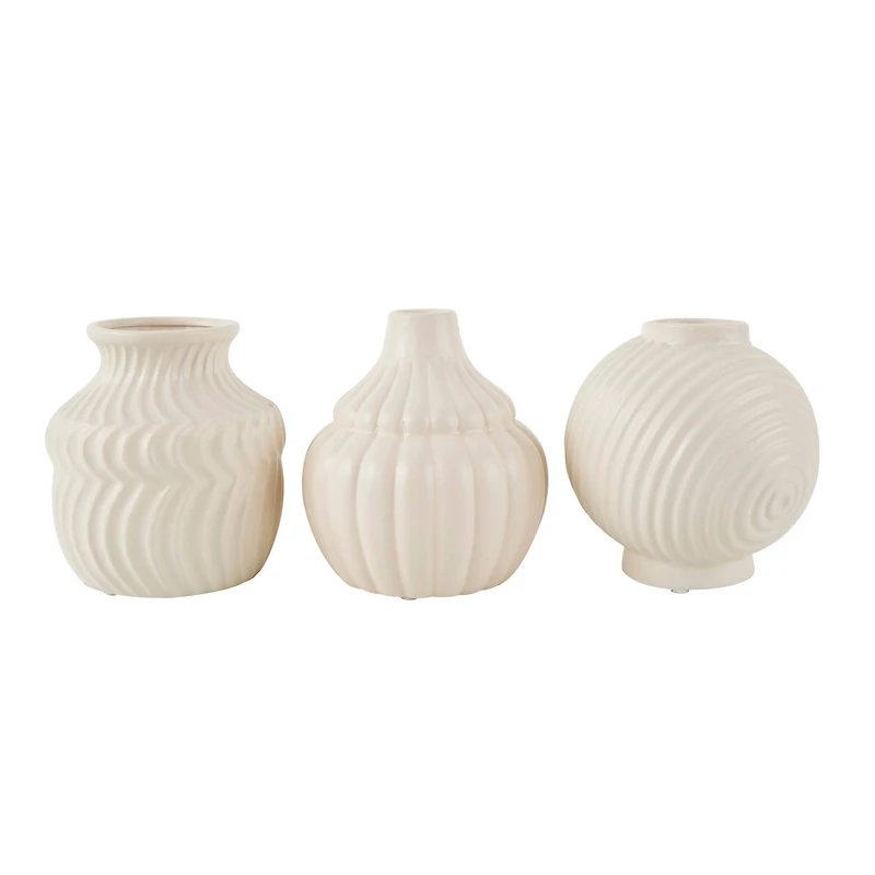 6" Cream Ceramic Abstract Textured Vase Set