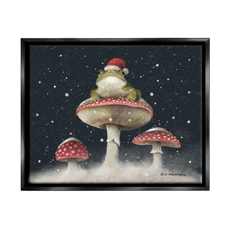 Stupell Industries Frog In Santa Hat Snowy Mushrooms Framed Floater Canvas Wall Art