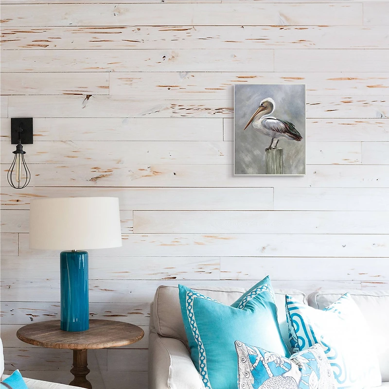 Stupell Industries Pelican Resting on Wooden Pillar Soft Grey Wood Wall Plaque