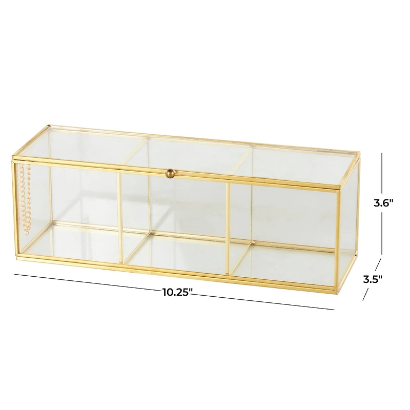 10" x 4" x 4" Clear & Gold 3-Slot Glass & Metal Slim Rectangular Jewelry Box with Chain Accent