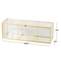 10" x 4" x 4" Clear & Gold 3-Slot Glass & Metal Slim Rectangular Jewelry Box with Chain Accent