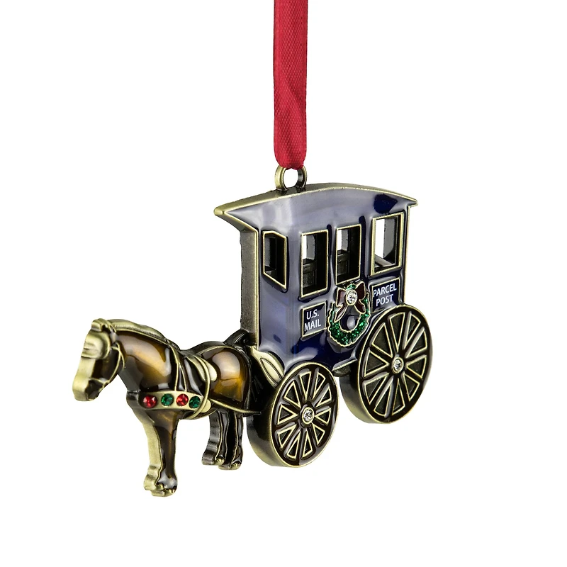 2.25" Antique Brass-Plated Horse & Buggy Ornament with European Crystals
