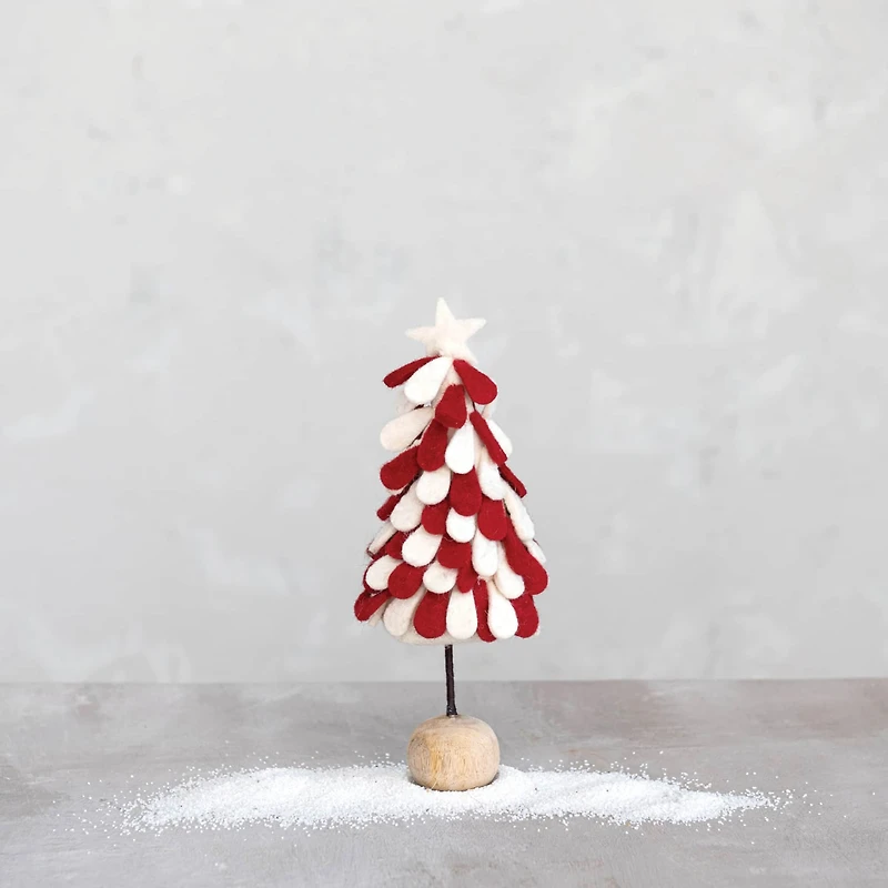 Hello Honey® 13" Red & White Star-Topped Handmade Wool Felt Tree with Wood Ball Base