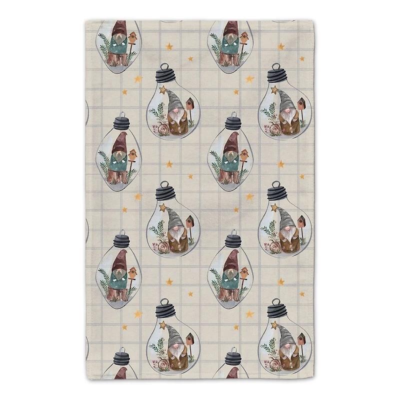Welcome to our Cabin Cream and Check Gnome Globe Pattern Tea Towel