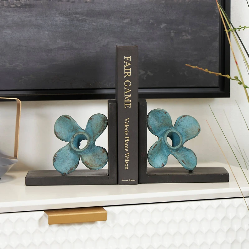 6.5" Teal Metal Boat Distressed Propeller Bookends with Brown L-Shaped Stands