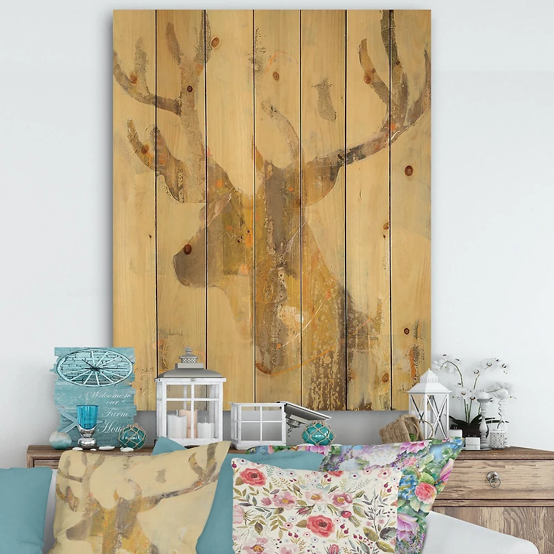 Designart - Golden Deer II - Modern Farmhouse Print on Natural Pine Wood