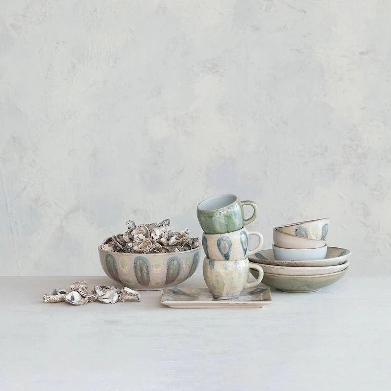 Hello Honey® 9.25" Tan & Blue Geometric Stoneware Platter