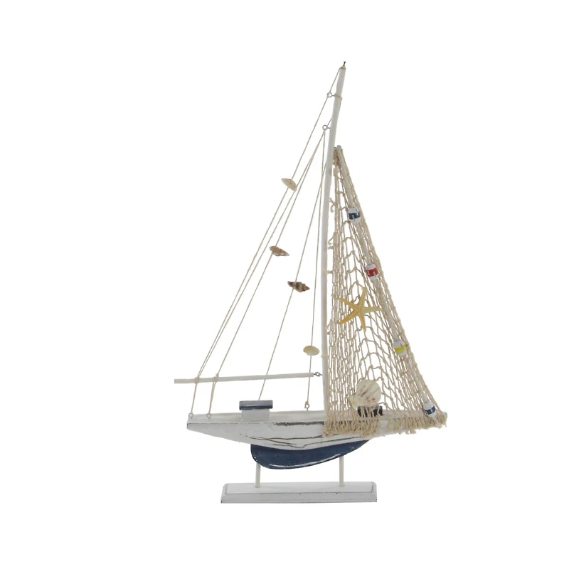 Set of 2 White Wood Coastal Sail Boat Sculpture, 22" x 13"