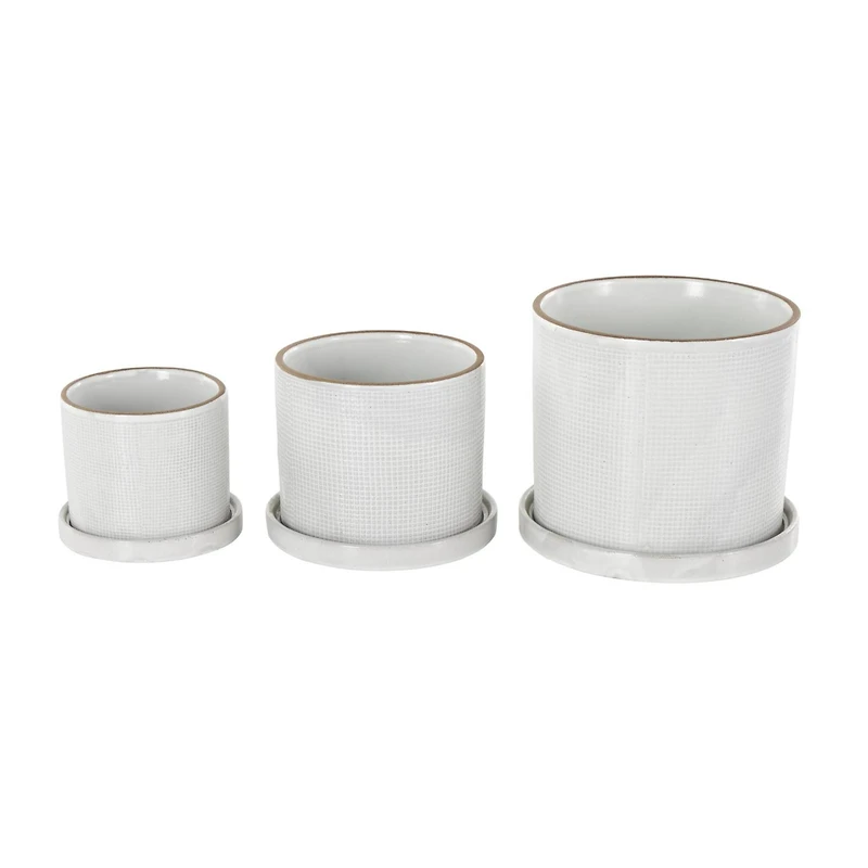 White Geometric Grid Patterned Ceramic Planter Set