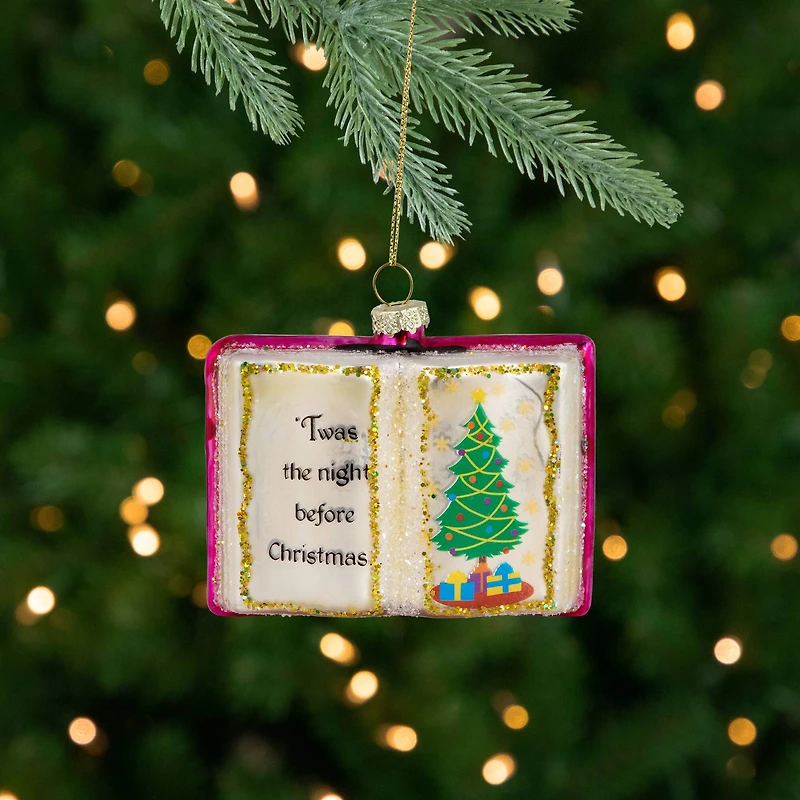 Glittered Twas the Night Before Christmas Book Glass Ornament - 3.5"